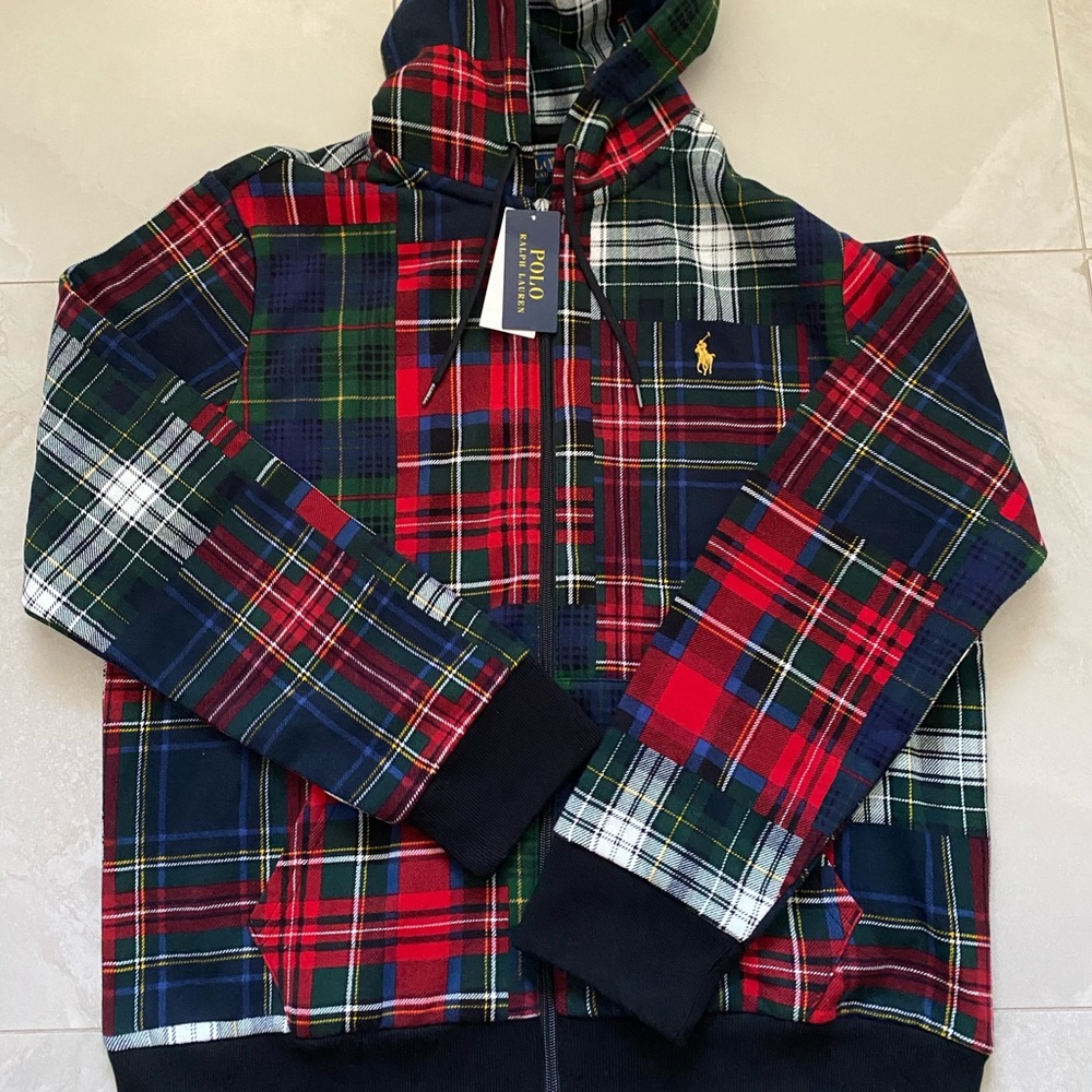 Polo Ralph Lauren patchwork plaid zip up hoodie sweater men  L or XL